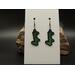 Machine embroidered earrings of the word Lucky in green with black border. Black hypoallergenic hooks.